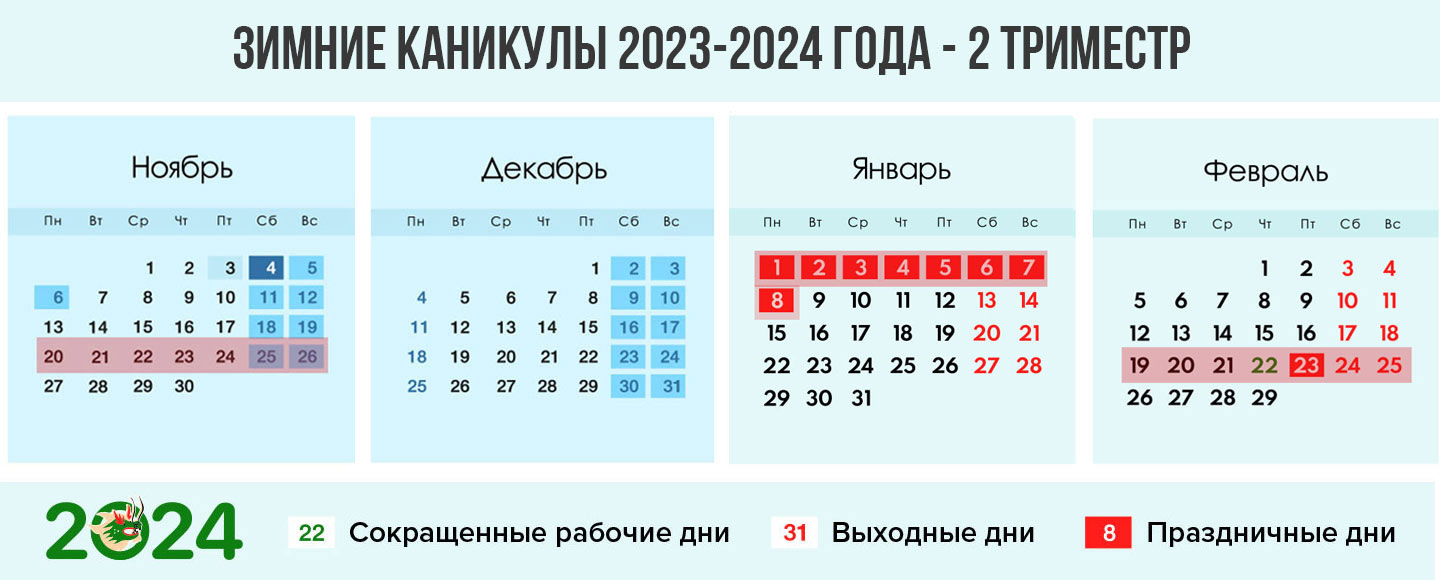 Зимние каникулы 2023-2024 учебного года (триместры)