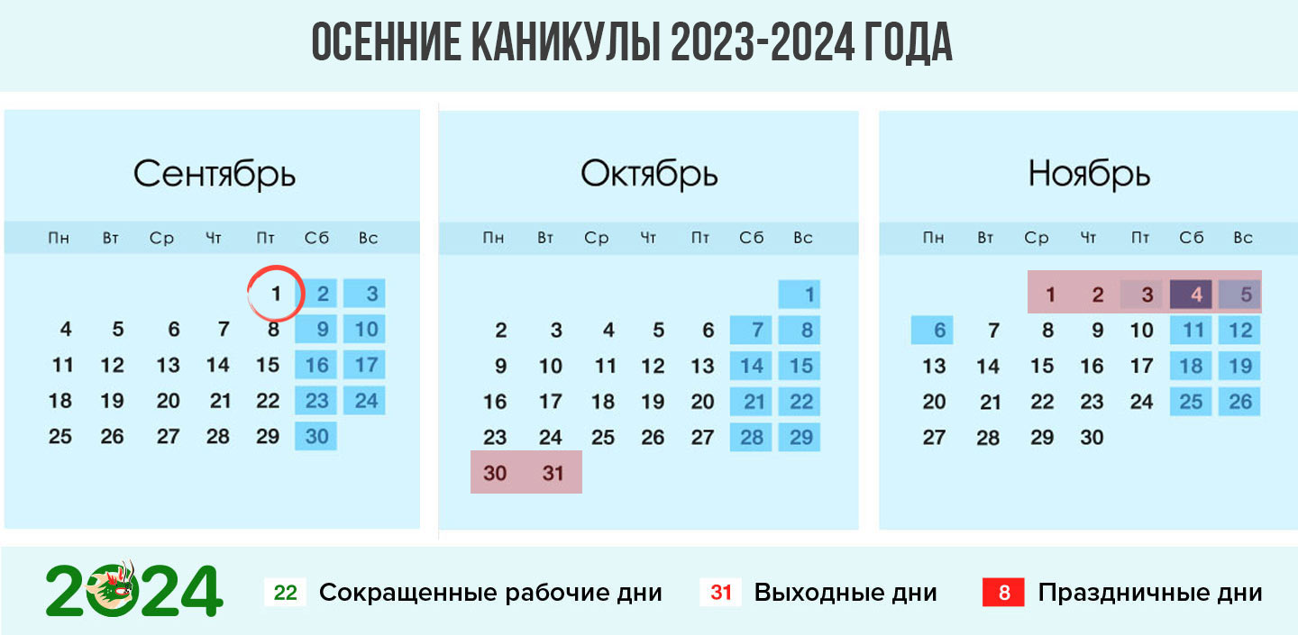 Осенние каникулы 2023-2024 года при четвертях