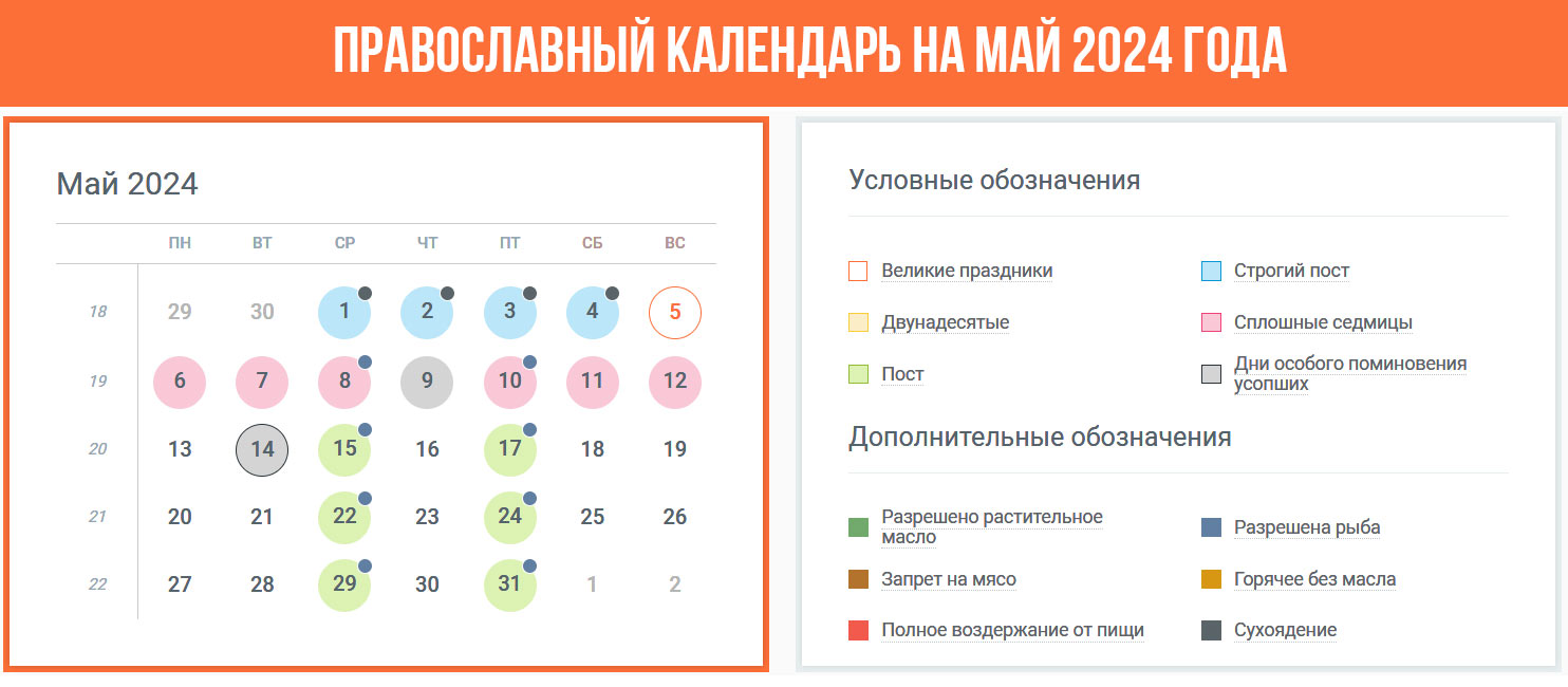 Православный календарь на май 2024 год