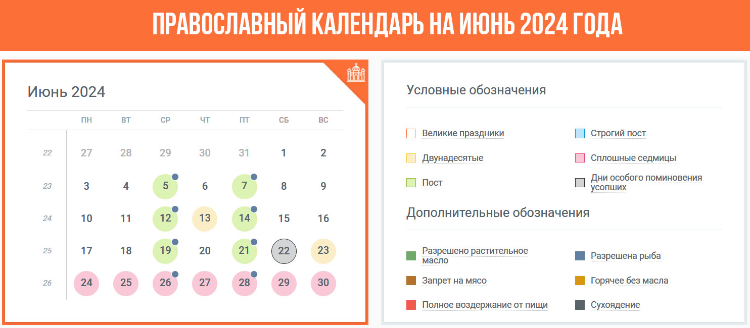 Православный календарь на июнь 2024 год