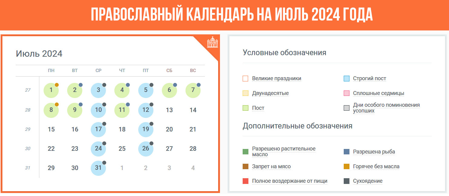 Православный календарь на июль 2024 год