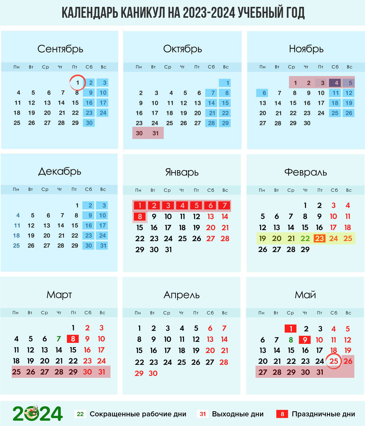 Календарь каникул по четвертям на 2023-2024 учебный год