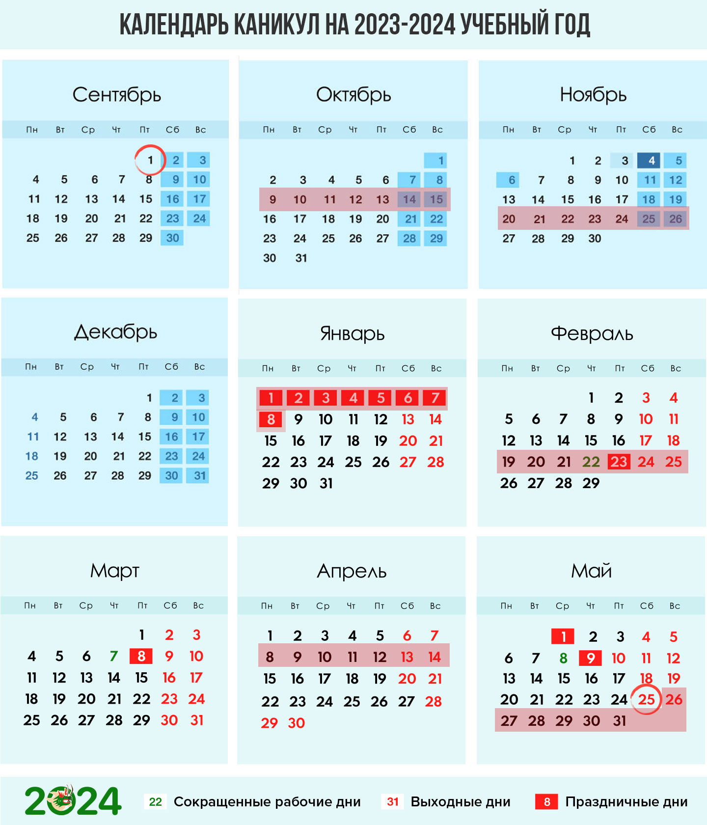 Календарь каникул по триместрам на 2023-2024 учебный год