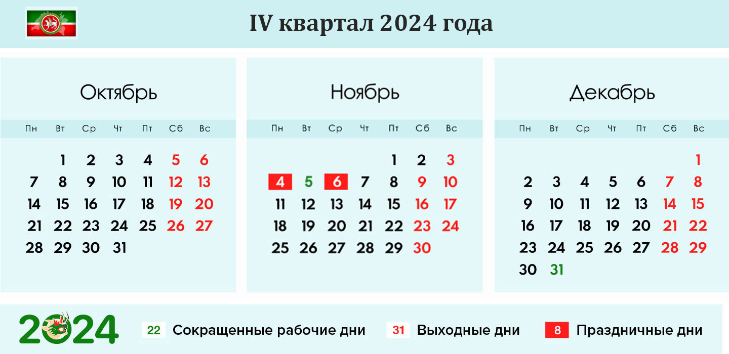 Производственный календарь Татарстана на 4 квартал 2024 года