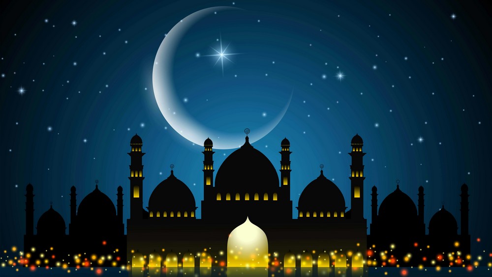 Тень мечети, луна и звезды на небе