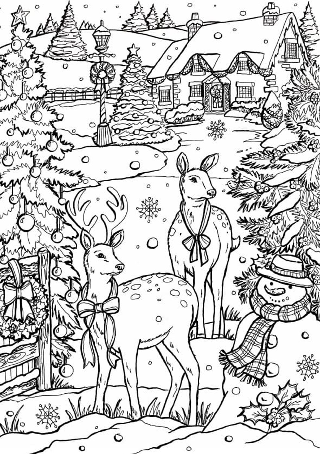 Раскраска Новогодняя деревня с оленями