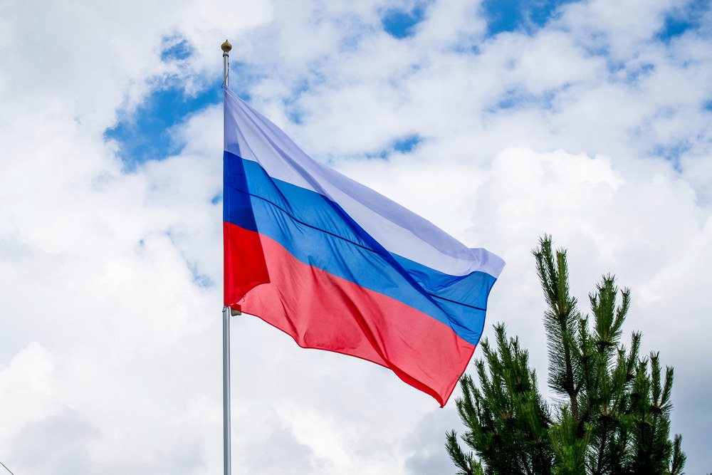 Российский флаг, небо, еловые ветки