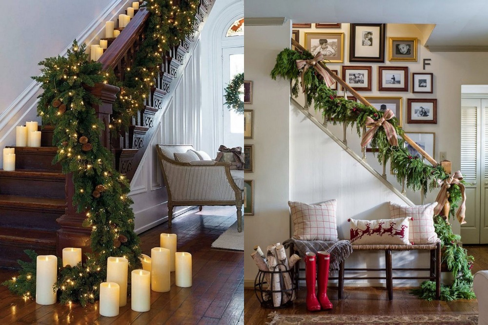 Лестница, украшенная новогодним декором, свечи, фоторамки, диван, подушки