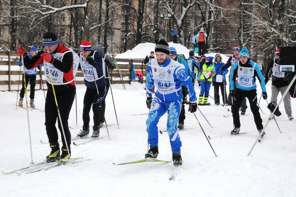 Спортсмены на лыжах, снег, деревья за забором